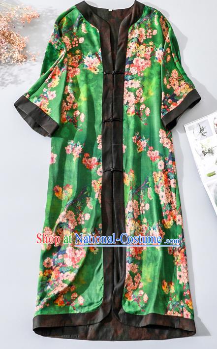 China Classical Begonia Pattern Tang Suit Dust Coat Traditional Cheongsam Green Silk Overcoat