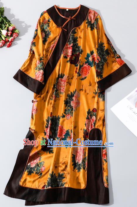 Asian Chinese Traditional Yellow Silk Qipao Dress Clothing Classical Peony Pattern Cheongsam