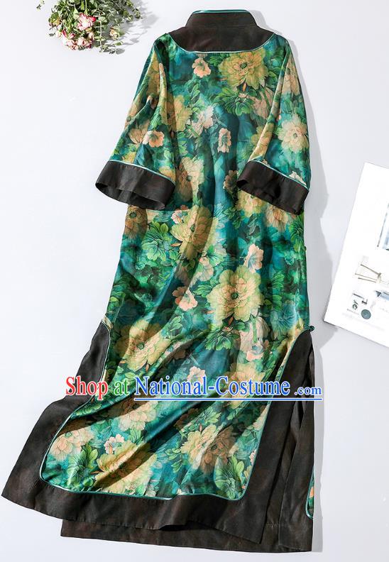 Asian Chinese Classical Peony Pattern Design Green Silk Cheongsam Traditional Old Shanghai Qipao Dress Clothing