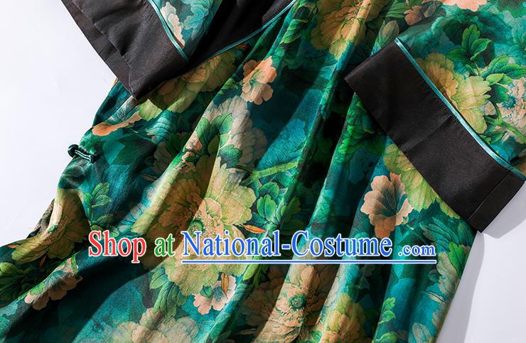 Asian Chinese Classical Peony Pattern Design Green Silk Cheongsam Traditional Old Shanghai Qipao Dress Clothing