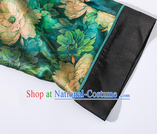 Asian Chinese Classical Peony Pattern Design Green Silk Cheongsam Traditional Old Shanghai Qipao Dress Clothing