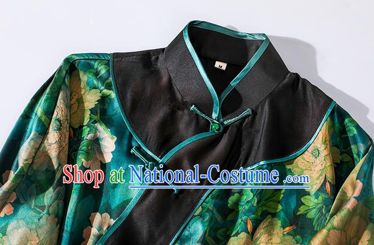 Asian Chinese Classical Peony Pattern Design Green Silk Cheongsam Traditional Old Shanghai Qipao Dress Clothing