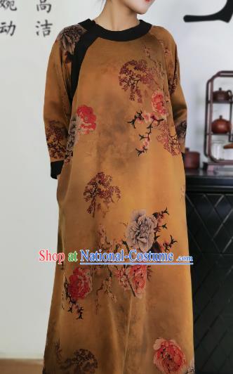 Asian Chinese Traditional Ginger Silk Qipao Dress Classical Peony Pattern Cheongsam Costume