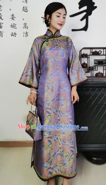 Asian Chinese Traditional Purple Brocade Qipao Dress Classical Elderly Woman Silk Cheongsam Costume