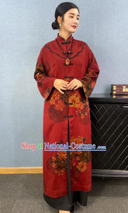 China Traditional Tang Suit Outer Garment National Woman Printing Red Silk Dust Coat