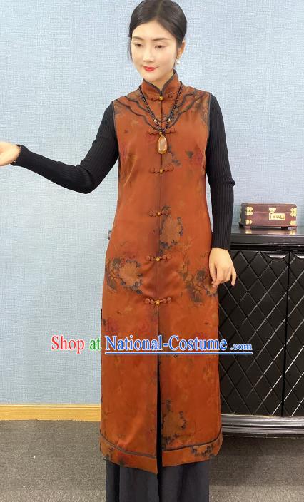 Chinese Traditional National Costume Women Brown Silk Long Vest Tang Suit Waistcoat