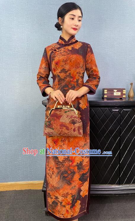 Asian Chinese Traditional Shanghai Beauty Qipao Dress Classical Mangnolia Pattern Ginger Cheongsam Costume