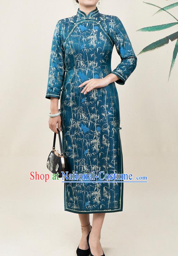 Asian Chinese Traditional Middle Age Woman Qipao Dress Classical Bamboo Pattern Blue Silk Cheongsam Costume