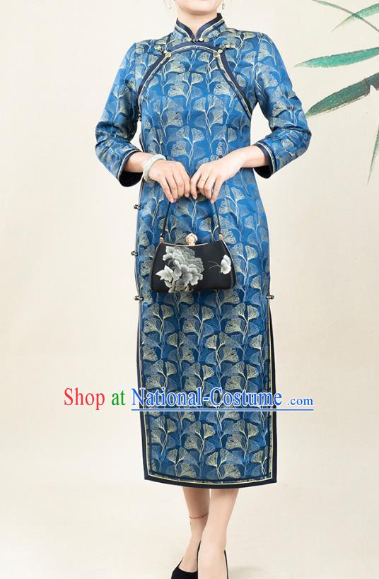 Asian Chinese Classical Shell Pattern Blue Silk Cheongsam Costume Traditional Mother Song Brocade Qipao Dress