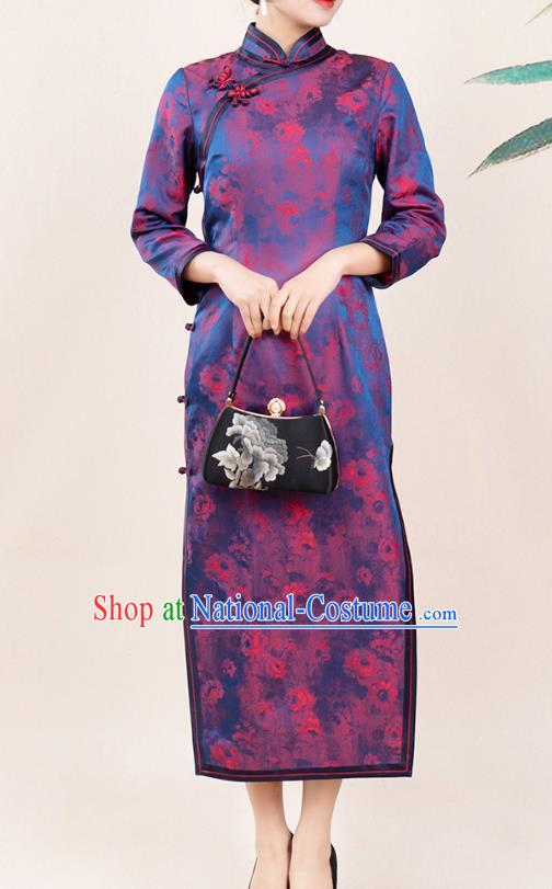 Asian Chinese Classical Silk Cheongsam Costume Traditional Noble Mistress Purple Brocade Qipao Dress