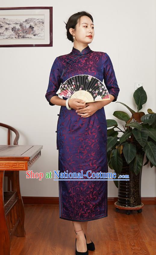 Asian Chinese Classical Purple Silk Cheongsam Costume Traditional Wedding Mother Brocade Qipao Dress