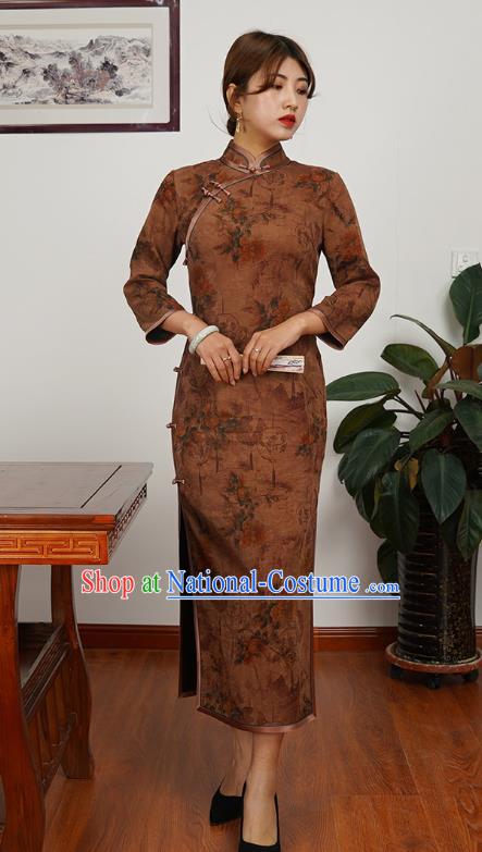 Asian Chinese Young Beauty Classical Brown Silk Cheongsam Costume Traditional Shanghai Woman Qipao Dress