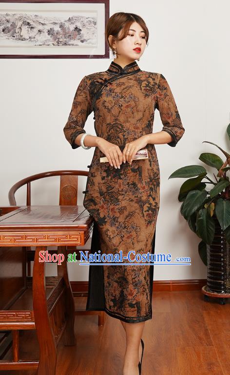 Asian Chinese Classical Landscape Pattern Brown Silk Cheongsam Costume Traditional Shanghai Beauty Qipao Dress