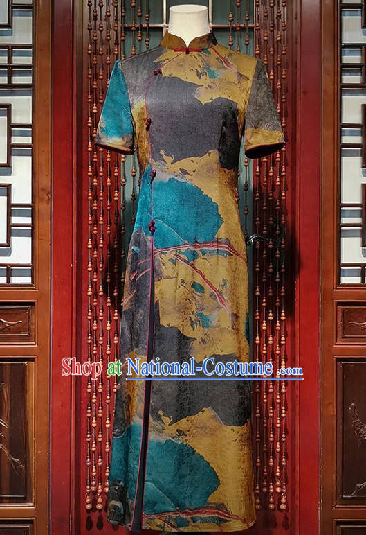 Asian Chinese Traditional Aodai Qipao Dress Classical Printing Silk Cheongsam Costume