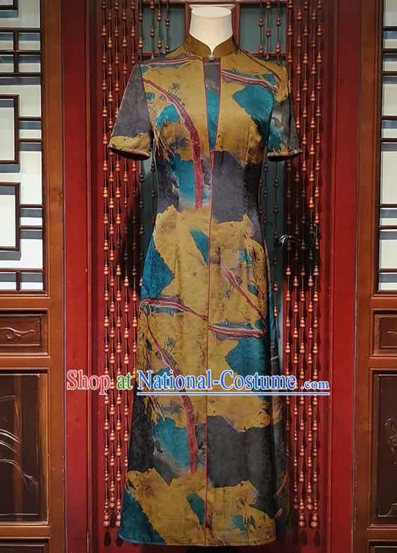 Asian Chinese Classical Printing Silk Cheongsam Costume Traditional Stand Collar Aodai Qipao Dress