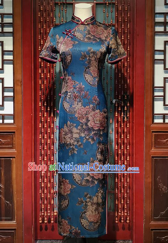 Asian Chinese Classical Peony Pattern Blue Brocade Cheongsam Traditional Bride Mother Qipao Dress National Woman Clothing