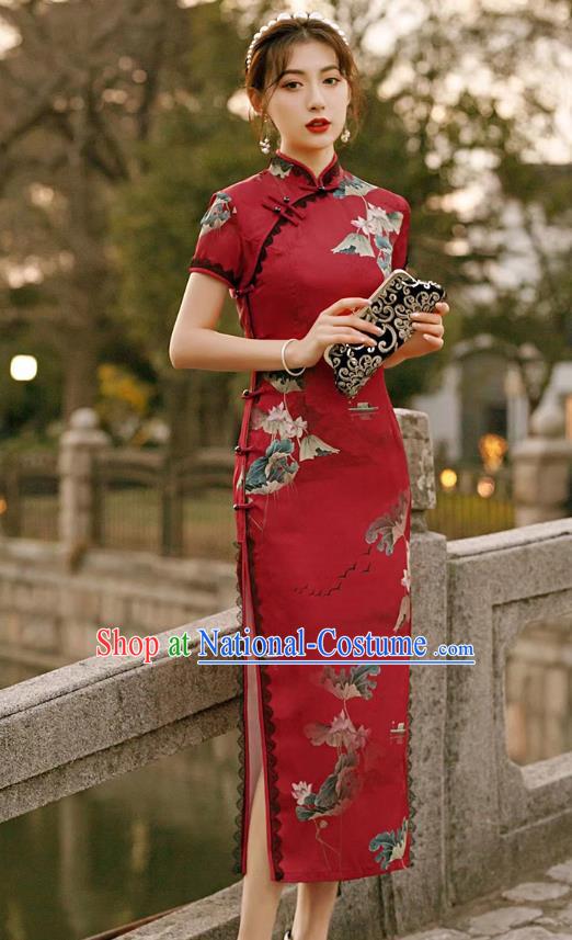 Asian Chinese Classical Printing Lotus Red Brocade Cheongsam Traditional Bride Qipao Dress National Wedding Clothing