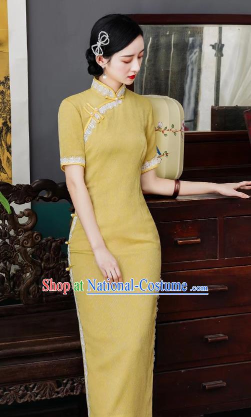 Asian Chinese Traditional Lace Qipao Dress National Young Lady Clothing Classical Yellow Cheongsam