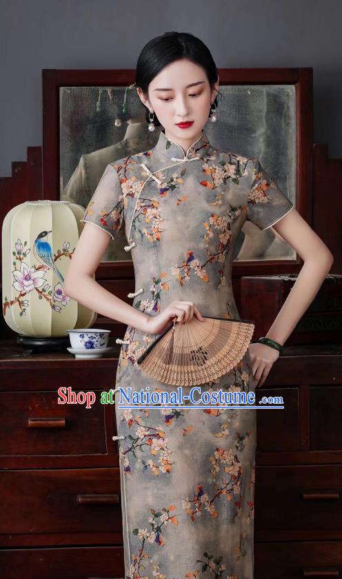 Asian Chinese Traditional Printing Mangnolia Qipao Dress National Young Lady Clothing Classical Grey Cheongsam