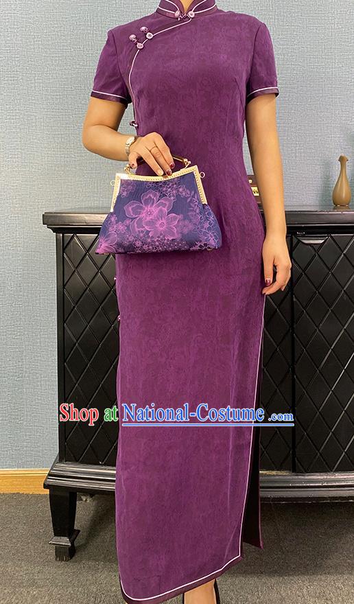 Asian Chinese Traditional Jacquard Purple Silk Qipao Dress Classical Young Mistress Cheongsam Costume