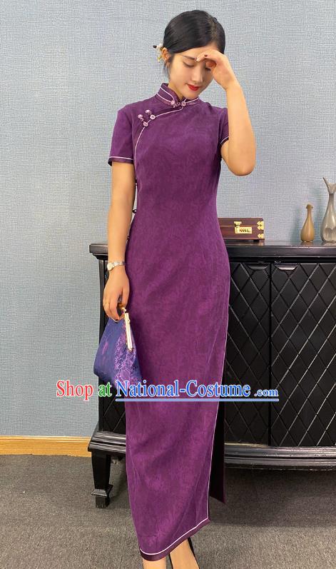 Asian Chinese Traditional Jacquard Purple Silk Qipao Dress Classical Young Mistress Cheongsam Costume