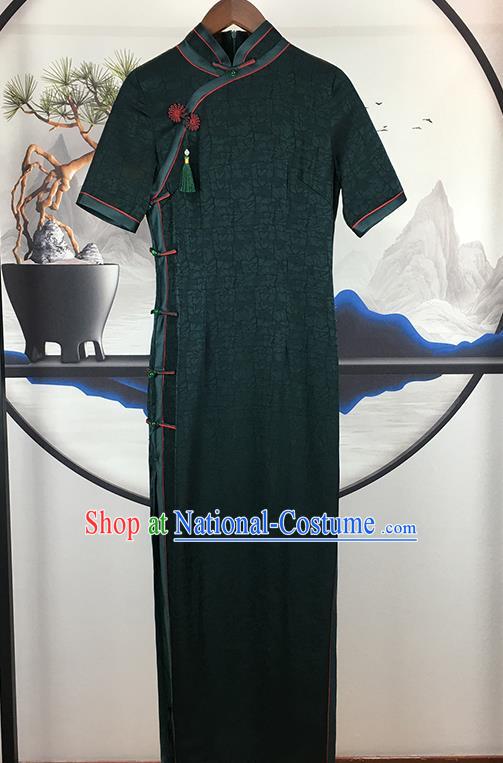 Chinese Classical Young Mistress Cheongsam Traditional Deep Green Silk Qipao Dress Clothing