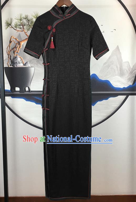 Chinese Elderly Woman Costume Classical Cheongsam Traditional Black Silk Qipao Dress