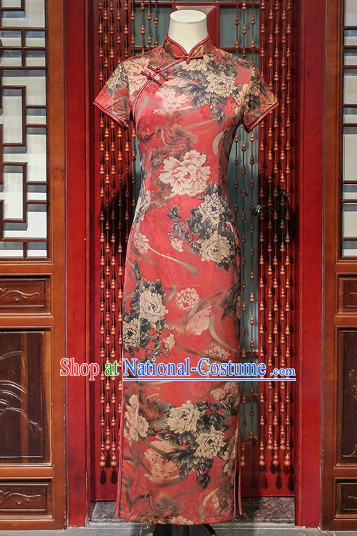 Asian Chinese Traditional Stage Performance Qipao Dress National Young Woman Clothing Classical Printing Peony Red Cheongsam