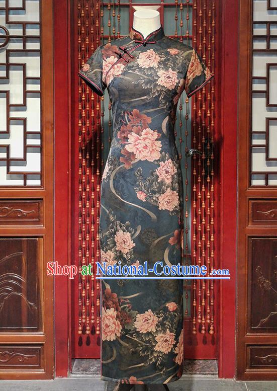 Chinese Classical Printing Peony Dark Green Cheongsam Traditional Stage Performance Qipao Dress National Young Woman Clothing