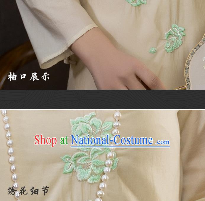 China National Apricot Silk Qipao Dress Clothing Traditional Embroidered Cheongsam