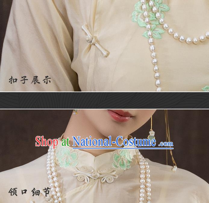 China National Apricot Silk Qipao Dress Clothing Traditional Embroidered Cheongsam