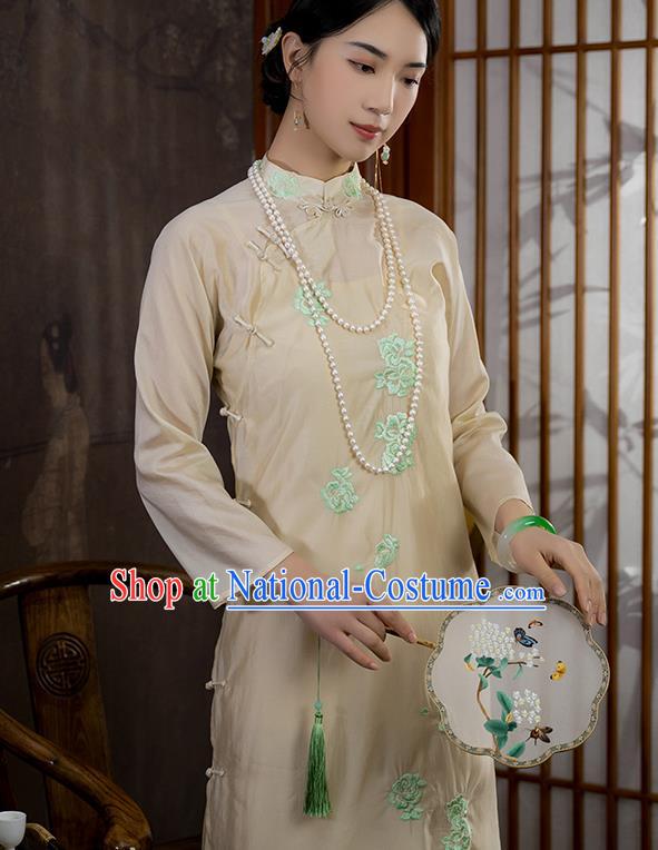 China National Apricot Silk Qipao Dress Clothing Traditional Embroidered Cheongsam