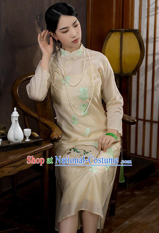 China National Apricot Silk Qipao Dress Clothing Traditional Embroidered Cheongsam