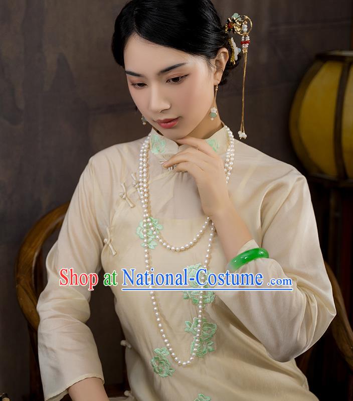 China National Apricot Silk Qipao Dress Clothing Traditional Embroidered Cheongsam