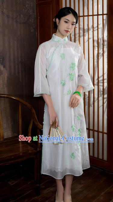 China National Stand Collar Qipao Dress Clothing Traditional Embroidered White Tencel Cheongsam