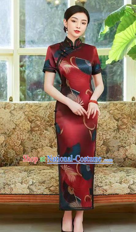 Chinese Stage Performance Cheongsam Costume Modern Printing Red Qipao Dress