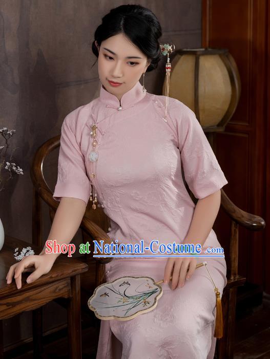 China National Qipao Dress Clothing Traditional Young Lady Jacquard Pink Cheongsam