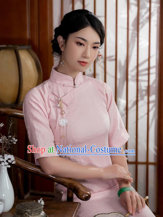 China National Qipao Dress Clothing Traditional Young Lady Jacquard Pink Cheongsam