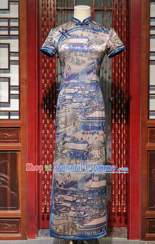 Chinese Classical Printing Brocade Cheongsam Traditional Stage Performance Qipao Dress