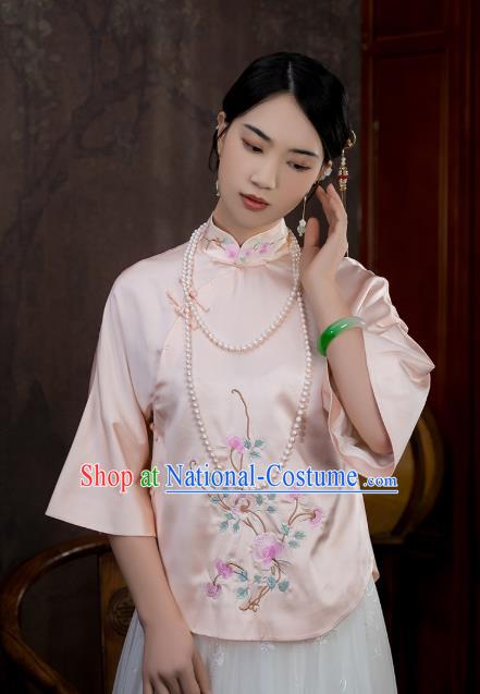 China Traditional Tang Suit Shirt Upper Outer Garment National Woman Embroidered Pink Silk Blouse