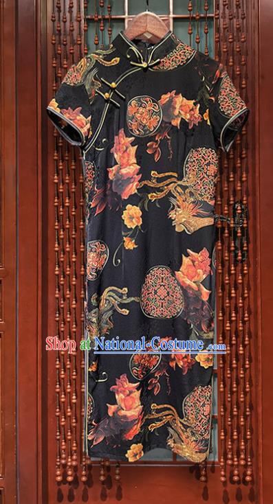 Chinese Classical Dance Black Short Qipao Dress Printing Phoenix Peony Cheongsam Costume