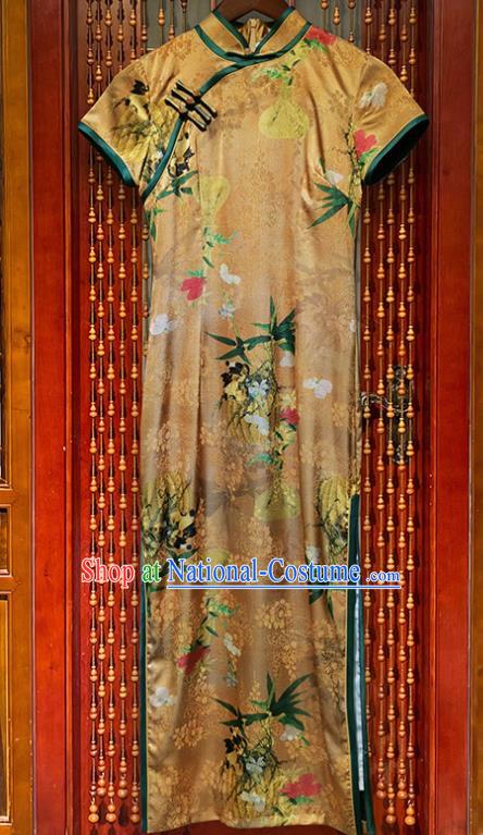 Chinese Classical Printing Flowers Yellow Silk Qipao Dress Gambiered Guangdong Gauze Cheongsam Costume