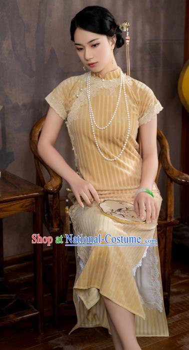 China National Shanghai Beauty Qipao Dress Clothing Traditional Young Lady Light Yellow Velvet Cheongsam