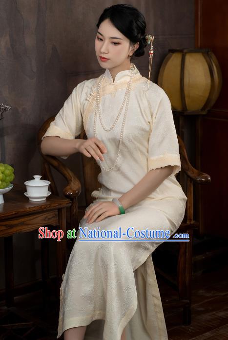 China National Stand Collar Qipao Dress Clothing Traditional Young Lady Beige Long Cheongsam