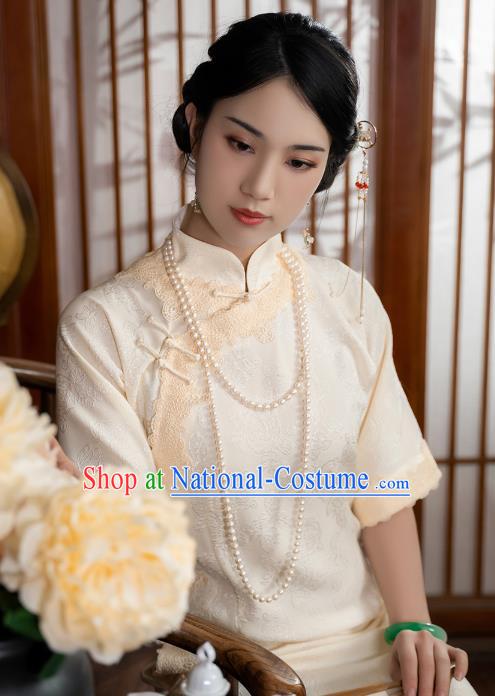 China National Stand Collar Qipao Dress Clothing Traditional Young Lady Beige Long Cheongsam