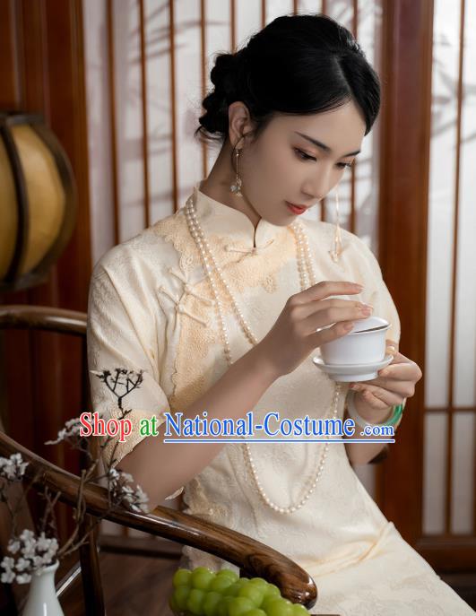 China National Stand Collar Qipao Dress Clothing Traditional Young Lady Beige Long Cheongsam