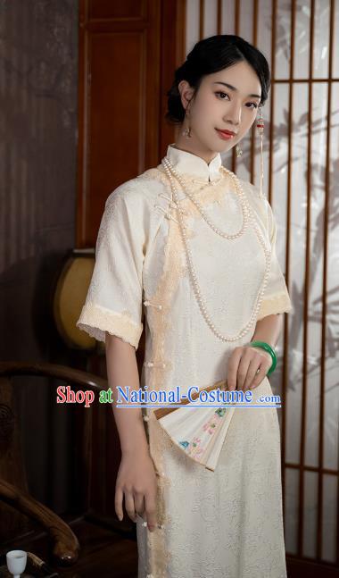 China National Stand Collar Qipao Dress Clothing Traditional Young Lady Beige Long Cheongsam