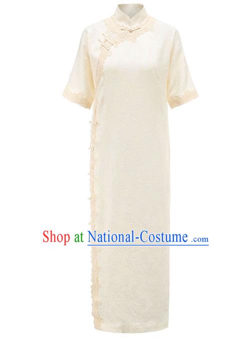 China National Stand Collar Qipao Dress Clothing Traditional Young Lady Beige Long Cheongsam