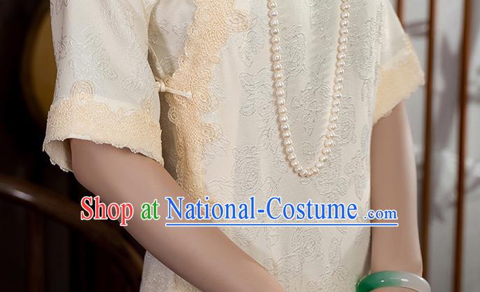 China National Stand Collar Qipao Dress Clothing Traditional Young Lady Beige Long Cheongsam