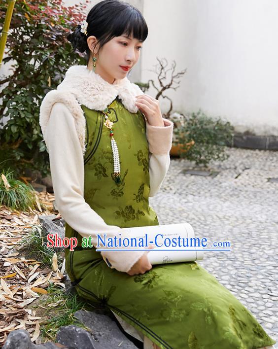 China National Green Silk Sleeveless Qipao Dress Clothing Traditional Winter Cotton Wadded Cheongsam